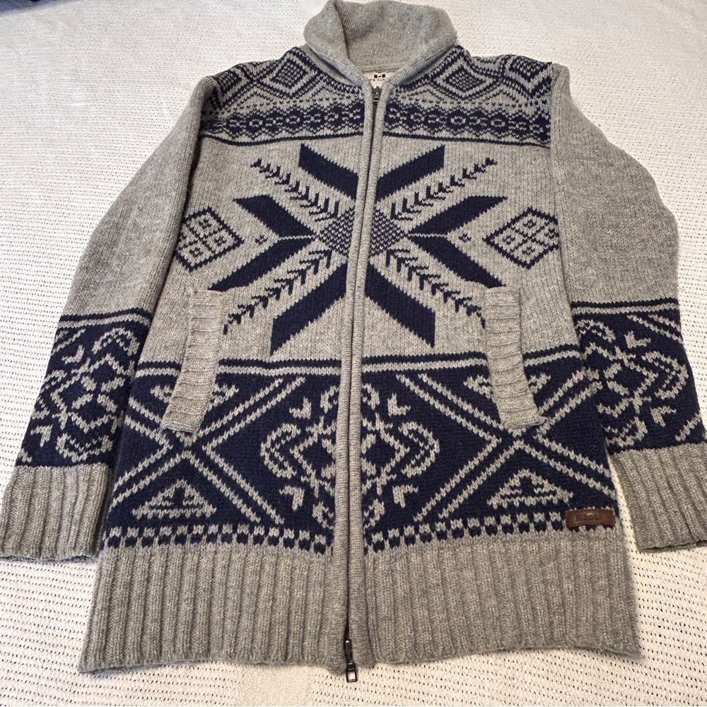 Roots Women’s XS Wool Blend Zip Cardigan Grey and Blue Fair Iles pattern Warm